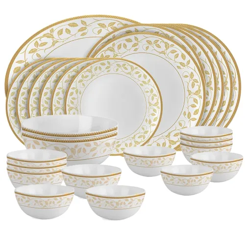 Image of Cello Opalware Divine Series Amber Gold Dinner Set, 27 Units | Opal Glass Dinner Set for 6 | Crockery Set for Festive Oc
