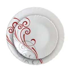 Cello Opalware Imperial Series Red Swirl 33 Pieces Dinner Set | Opal Glass Crockery for 6 | Bone Ash-Free, Lightweight, Elegant White Plate & Bowl Set |Opalglass Dinner Set for Daily Use & G...