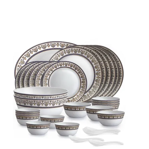 Image of Cello Opalware Solitaire Series Blu Dinner Set, 33 Units | Opal Glass Dinner Set for 6