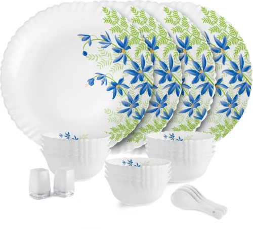 Image of cello Pack of 22 Opalware Dazzle Series Blue Primrose Crockery Set