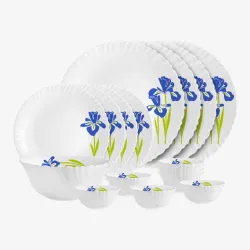 Cello Pack of 17 Opalware Dazzle Opalware Blue Iris Dinner Set | Crockery Set | Blue Dinner Set (Blue, White, Microwave 