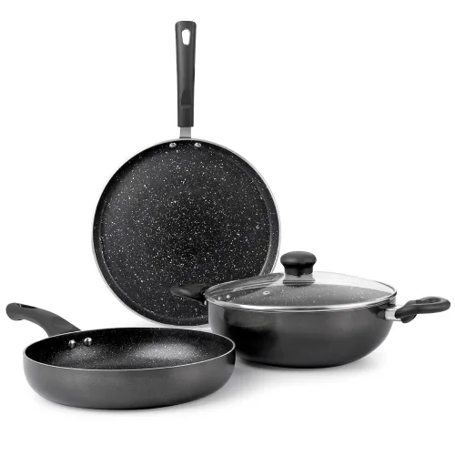 Image of Cello Premium Induction Non Stick Cookware Kitchenova Gift Set of 3 (Dosa Tawa 28 cm, Fry Pan 24 cm, Kadai with Glass Li