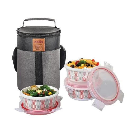 Image of CELLO Red Trellis Opalware Lunch Box with Jacket 300ml