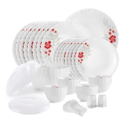 CELLO Scarlet Bliss Dazzle Series Opalware Dinner Set of 49 Pieces for Family of 6 | Bone-Ash Free & Leadfree Opal Glass