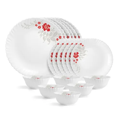 Image of CELLO Scarlet Bliss Dazzle Series Opalware Dinner Set of 18 Pieces for Family of 6