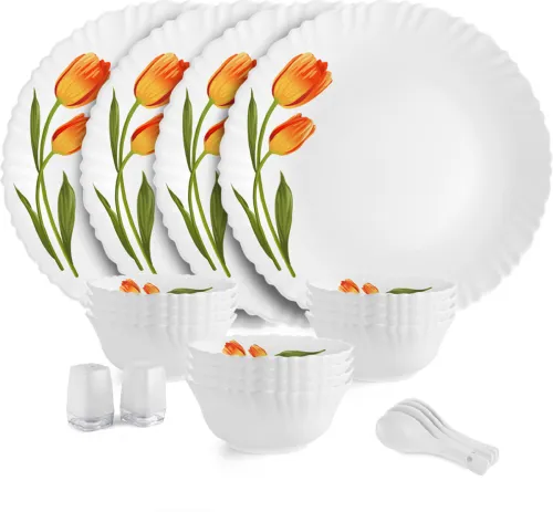 Image of Cello Opalware Dazzle Series Spring Tulip Crockery Set (Pack of 22)