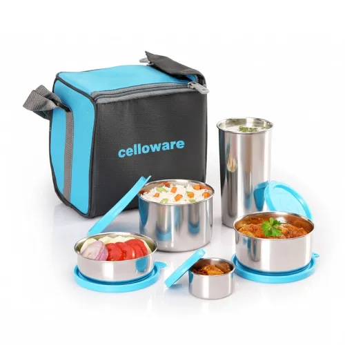 Image of CELLO Steelox Set of 5 Pcs Lunch Box with Jacket For Office, Blue | 550ml, 375ml, 225ml, 50ml Stainless Steel Containers