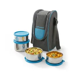 CELLO Steelox Set of 4 Pcs Lunch Box with Jacket For Office, Blue | 2 x 550ml, 375ml, 225ml Stainless Steel Containers |Food Grade Lightweight Leakproof Airtight Tiffin Box Case For Travel &...