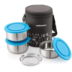 CELLO MF Thermostyle Stainless Steel 3 Container with Jacket| Leakproof Lunch Boxes | Easy to Clean | Ideal for College, Office | 4 Unit, Blue
