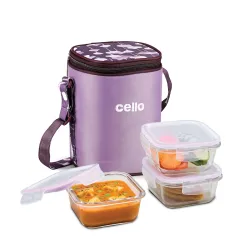 CELLO Trendy Purple Wine Square Glass Lunch Box Set with Insulated Jacket, Clear | 3 x 320 ml Microwave Safe Toughened Glass Containers | Air Tight, Leakpoof, Easy to Carry Tiffin Set for Of...
