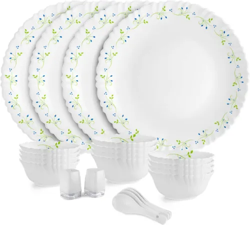 Image of Cello Pack of 22 Opalware Tropical Lagoon | Crockery Set | Dinner Set (Green, White, Microwave Safe)