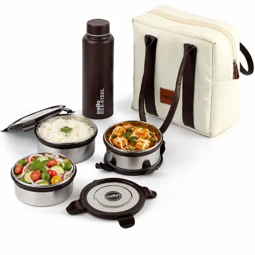 Image of CELLO Urban Bite Lunch Box with Bag 3 x 400ml Stainless Steel Containers, 800ml Water Bottle 