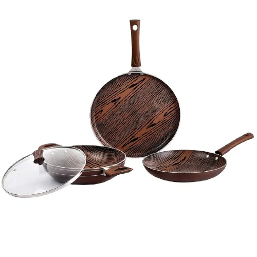 Image of CELLO Prima 3-Piece Non-Stick Aluminium Cookware Set, Woody (28 cm Dosa Tawa, 22 cm Kadai with Glass Lid, 22 cm Fry Pan)