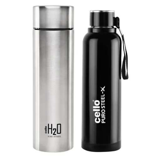Image of Cello Puro Steel-X Benz Stainless Steel Water Bottle with Inner Steel and Outer Plastic, 900 ml (Black) & H2O Stainless 
