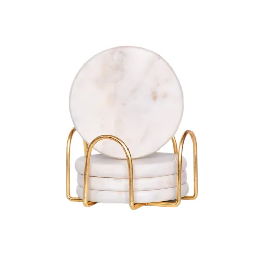Image of CentraLit Round White Marble Coasters Set of 4 with Stand