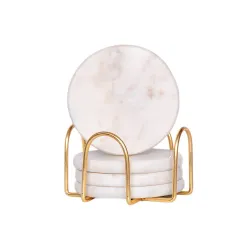 CentraLit Round White Marble Coasters Set of 4 with Stand - Bar Wine Coasters for Table - Set of 4 Vintage Handmade Marble Stone Coaster Set with Holder (Round Shape) (Gold)