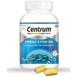 Centrum Omega 3 Fish Oil Capsules 1000mg Supplements | Omega 3 with 180mg EPA, 120mg DHA for Hair and Skin Health, Joint Health, Brain Health | No Fishy Aftertaste - 60 Capsules