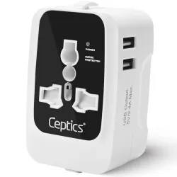 Ceptics International Travel Adapter, Universal Charger, 2X 2.4A USB-A with 15W Output, Universal Socket for Global use, CE & RoHS Certified– Black/White