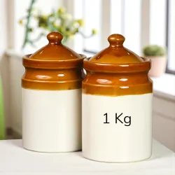 Ceramic Achaar Jar Set - 1 Kg (1000 ml) x 2 - Martban Pickle Container - Kitchen Storage for Pickle