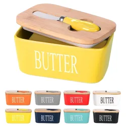 Ceramic Butter Dish with Wooden Lid and Stainless Steel Knife