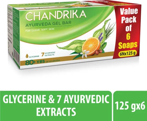 Image of CHANDRIKA With Glycerine Ayurveda Gel Bathing Bar Soap,| Jojoba Oil for Moisturized Skin (6 x 125 g)