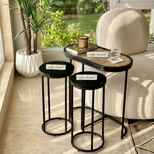 Image of Charcoal Rattan Cane Side Table with Glass top – Bohemian Solid Mango Wood Cane Iron Sofa Side end Table – Wood and Cane