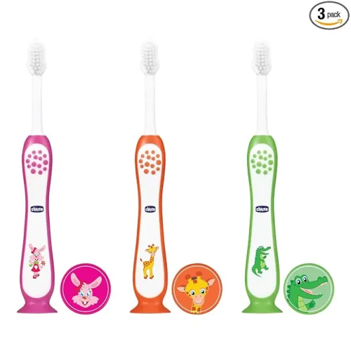 Image of Chicco Toothbrush 3Y-8Y 3 Pack- Pink, Orange & Green