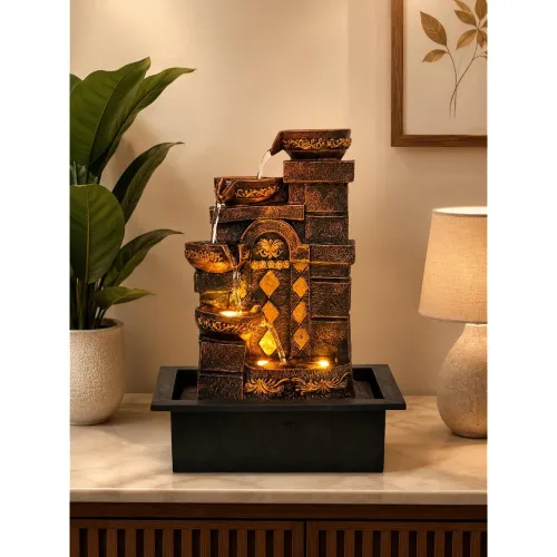 Image of CHRONIKLE Polyresin Designer Table Top Indoor Home Decor 4 Steps Waterfall Fountain with Yellow LED Lights