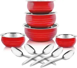 Classic Essentials Cherry Coloured Handi/patila/bhagona/biryani cook & serve Induction Bottom Cookware Set (Stainless Steel, 10 - Piece)