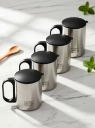 Classic Essentials Double Walled Tea Cup with Lid, Stainless Steel Coffee Mug (200 ml, Pack of 4)