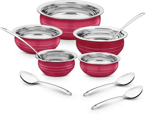 Image of Classic Essentials Red Coloured Handi /patila /bhagona /biryani cook & serve Induction Bottom Cookware Set (Stainless St