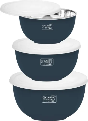 Image of Classic Essentials Stainless Steel Storage Bowl Microwave Safe Mixing (500ml, 750ml,1250ml), (Pack of 3, Dark Blue, Whit