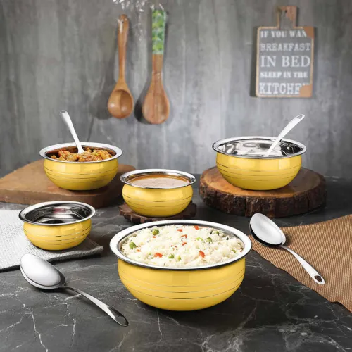 Image of Classic Essentials Yellow Color Induction Friendly Stainless Steel Handi/patila/bhagona Cook &Serve Cookware Set (Stainl