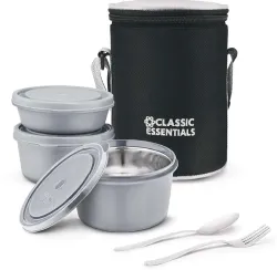 Classic Essentials Microwave Safe Stainless Steel | Insulated Fabric Bag | Leak Proof 3 Containers Stainless Steel Offic