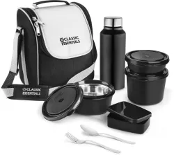 Classic Essentials Microwave Safe Lunch box Set of 5 with Bottle, Bag & Cutlery