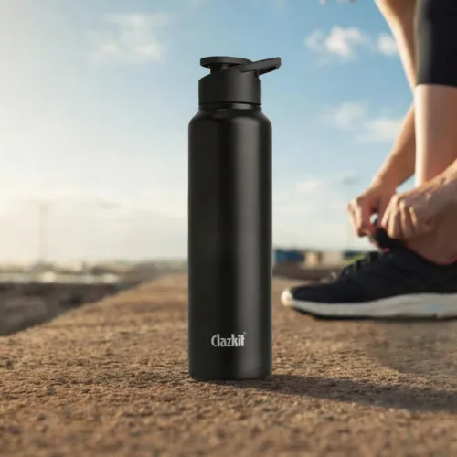 Image of Clazkit Amaze Sporty Stainless Steel Black Matte Finish Water Bottle | ISI Certified Leakproof, Rust-Free, BPA-Free, Dur