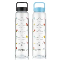 Clazkit Plastic Motivational 1000ml Water Bottle Blue & Black - Time Markers & Inspirational Slogans Mentioned Encourage