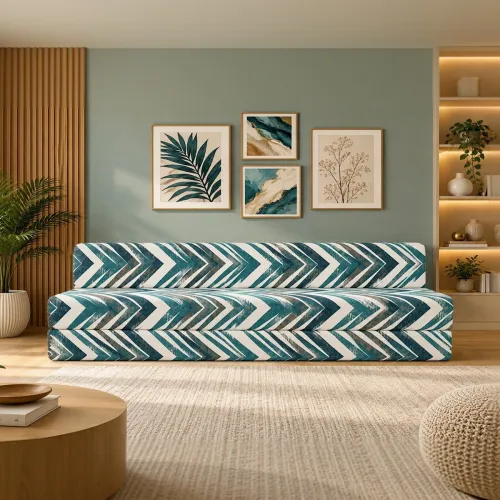 Image of Clex Turquoise Blue & White Printed 3 Seater Fold Out Sofa Cum Bed