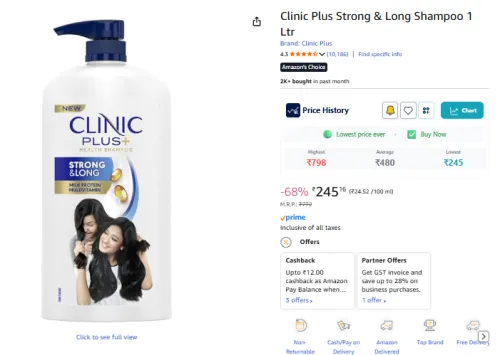 Image of Clinic Plus Strong & Long Shampoo 1 Ltr