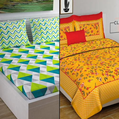 Image of CLOTHOLOGY Cotton Double Flat 144 TC Jaipuri Prints 2 Bedsheets with 4 Pillow