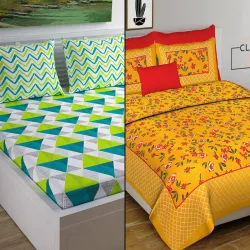 CLOTHOLOGY Cotton Double Flat 144 TC Jaipuri Prints 2 Bedsheets with 4 Pillow
