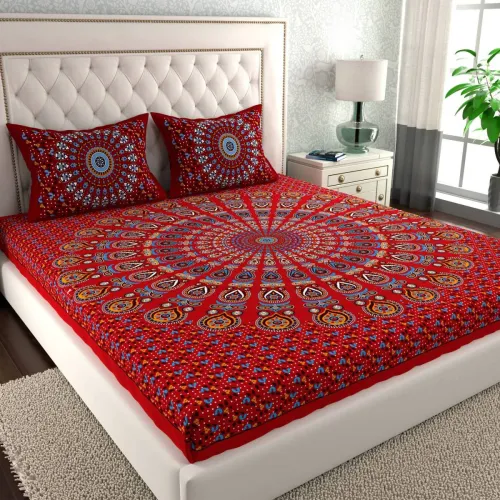 Image of CLOTHOLOGY Cotton Double Flat 144 TC Jaipuri Prints 1 Bedsheet with 2 Pillow Covers 