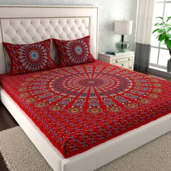 CLOTHOLOGY Cotton Double Flat 144 TC Jaipuri Prints 1 Bedsheet with 2 Pillow Covers 