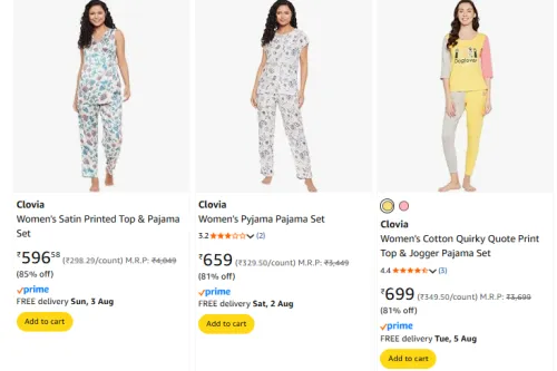 Image of Clovia Women Pajama set Minimum 80% Discount