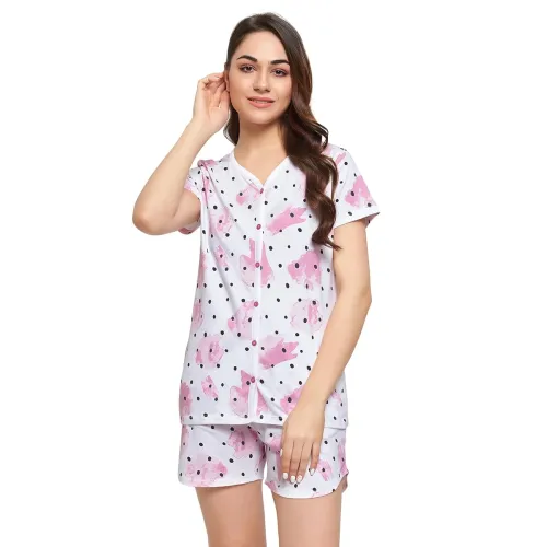 Image of Clovia Women's Cotton Dot Print Button Down Top 