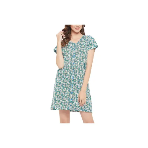 Image of Clovia Women's Cotton Pretty Florals Button-Down Short Night Dress in Blue
