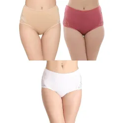Clovia Women's Pack of 3 Cotton High Waist Hipster Panty with Lace Sides