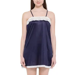 Clovia Women's Satin Solid Night Slip (Navy Blue, Large)