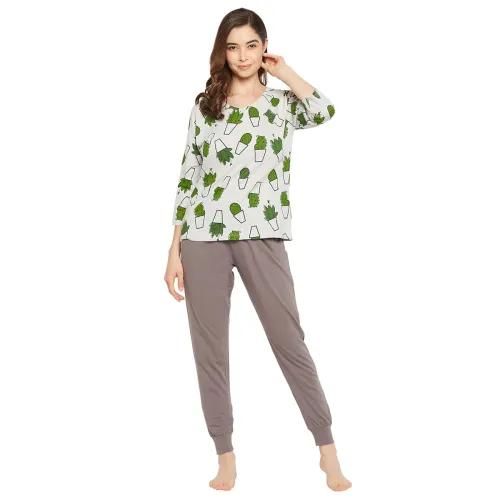Image of Clovia Women's Cotton Cactus Print Basic Jogger Pajama Set