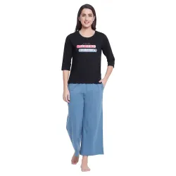 Clovia Womens Cotton Printed T-Shirt & Basic Pyjama Set - Black